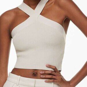 Babaton Cream Ribbed Cross-Strap Crop Top